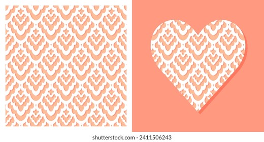 monochrome peach and white flat geometric paper like cutout set with heart shaped delicate lace damask and square textured background romantic lovely vector card poster centerpiece illustration set