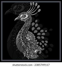 Monochrome Peacock bird mandala arts isolated on black background.