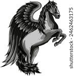monochrome pegasus vector illustration - winged horse side view black and white design