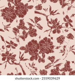 monochrome peony floral, seamless pattern. flower illustration wallpaper. repetitive print fashion clothing, fabric, textile, gift wrap, home textile, beige background detailed vector design