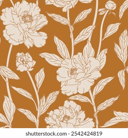 monochrome peony flower seamless pattern. floral illustration wallpaper. repetitive print fashion clothing, fabric, textile, gift wrap, home textile, golden background detailed vector design