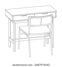 Monochrome perspective sketch of an office desk set, minimalist workspace furniture drawing for design visualization.