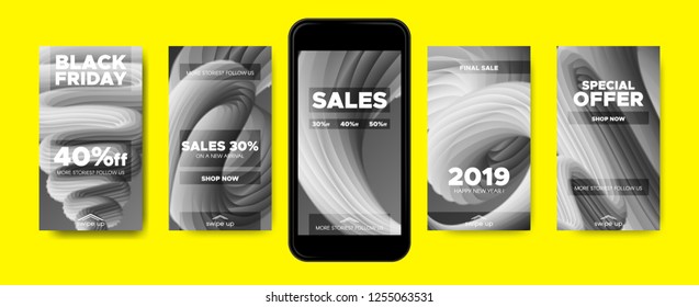 Monochrome Phone Wallpaper, Abstract Fluid Shape. Stories Templates with 2019 Sales Promotion in Social Networks. Wave Posters for Mobile Screen, Smart Phone. Music Wallpapers Design with 3d Gradient.