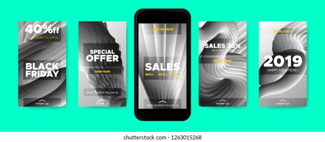 Monochrome Phone Wallpaper, Abstract Fluid Shape. Stories Templates with 2019 Sales Promotion in Social Networks. Wave Posters for Mobile Screen, Smart Phone. Music Wallpapers Design with 3d Gradient.