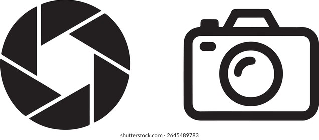 Monochrome Photographic Duo A Symbolic Display of Camera Aperture and a Sleek Modern Camera Icon Illustrating the Essence of Photography