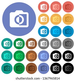 Monochrome photos multi colored flat icons on round backgrounds. Included white, light and dark icon variations for hover and active status effects, and bonus shades.