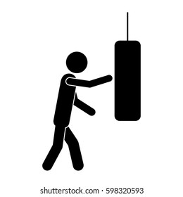 monochrome pictogram with man knocking punching bag vector illustration
