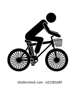 monochrome pictogram of man in sport bike with basket vector illustration