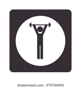 monochrome pictogram with square with circle inside with man weightlifting