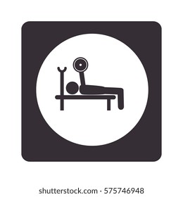 monochrome pictogram with square with circle inside with man weightlifting