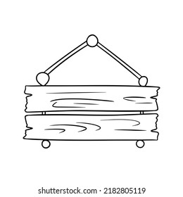 Monochrome picture, Antique square wooden sign on a rope, advertising stand, vector illustration in cartoon style on a white background
