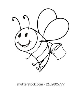 Monochrome picture, A bee carrying a bucket of honey, vector illustration in cartoon style on a white background