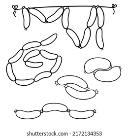A monochrome picture, A bunch of long delicious sausages, a vector illustration in cartoon style on a white background, A set for a coloring book