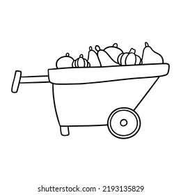 Monochrome picture, cart with various vegetables and fruits, harvesting, vector illustration in cartoon style on a white background