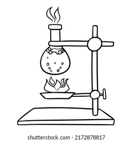 Monochrom-Bild, chemischer Versuch mit Heizlösung, Glaskolben mit kochender Flüssigkeit, Vektorgrafik