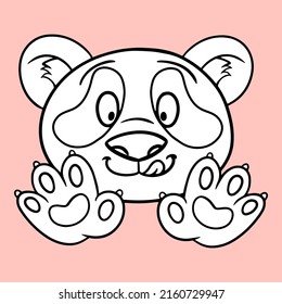 Monochrome picture, coloring book, Cute little panda with a tongue, cute fluffy pandas in cartoon style, vector illustration, on pink background