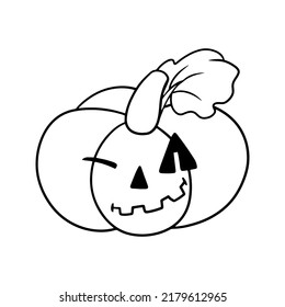 Monochrome picture, Cute Halloween pumpkin with cartoon-style emotions, pumpkin character winks, vector illustration isolated on white background