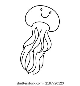 Monochrome picture, cute jellyfish with a smile and long appendages, vector illustration in cartoon style on a white background