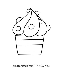 Monochrome picture, Delicious cupcake with delicate cream and berries, vector illustration in cartoon style on a white background