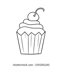 Monochrome picture, delicious cupcake with delicate cream and cherry berry, vector illustration in cartoon style on a white background