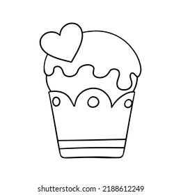 Monochrome picture, Delicious cupcake with powdered sugar and a heart, vector illustration in cartoon style on a white background