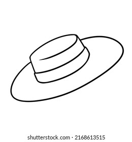 Monochrome Picture, Elegant Hat With Ribbon, Sun Hat, Vector Illustration In Cartoon Style On A White Background
