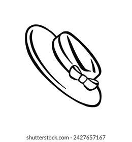 Monochrome picture, elegant hat with ribbon, sun hat, vector illustration in cartoon style on a white background