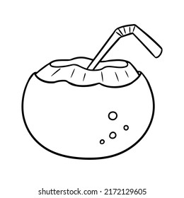 Monochrome picture, Exotic drink, coconut juice with a straw, vector illustration in cartoon style on a white background