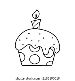 Monochrome picture. A festive muffin with a candle. Delicious cupcake with sugar crumbs, vector illustration in cartoon style on a white background