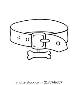 Monochrome picture, leather dog collar with tag, vector illustration in cartoon style on a white background