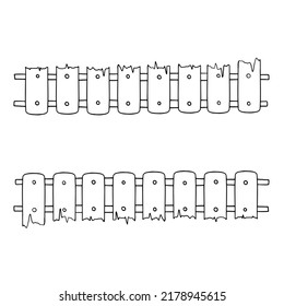 Monochrome picture, Long old low wooden fence with cracks, vector illustration in cartoon style on a white background