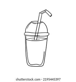 Monochrome picture, milkshake with a drinking tube in a plastic cup, vector illustration in cartoon style on a white background