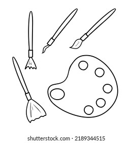 Imagen monocroma, conjunto escolar de varios pinceles de dibujo y paleta ovalada, ilustración vectorial al estilo de dibujos animados