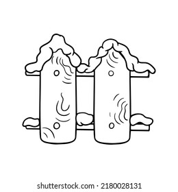 Monochrome picture, Section of a wooden fence covered with snow, vector illustration in cartoon style on a white background