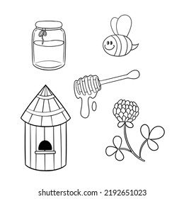 Monochrome picture, set of icons, honey collection, beehive and bee, vector illustration in cartoon style on a white background