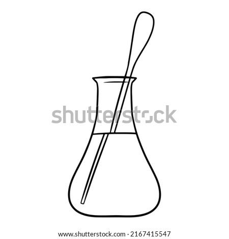 Monochrome picture, Triangular glass flask with solution and measuring spoon for experiments, vector illustration on a white background