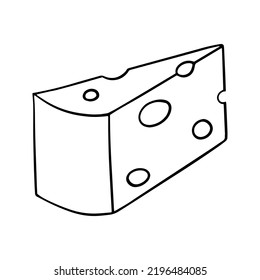 Monochrome picture, triangular piece of cheese, vector illustration in cartoon style on a colored background