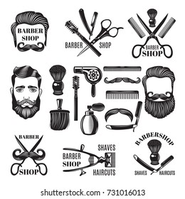 Monochrome pictures of barber shop tools. Vector illustrations for labels. Barber shop and salon haircut logo