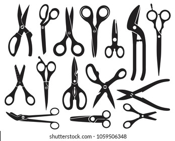 Monochrome pictures with different type of scissors for hairdressing, vector professional tool collection illustration