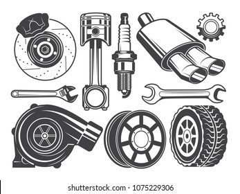 Monochrome pictures of engine, turbocharger cylinder and other automobile tools