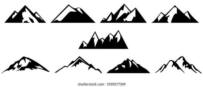 Monochrome pictures set of different mountains. collections for labels design. Mountain rock silhouette, volcano and hill stone illustration