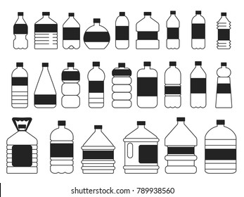 Monochrome pictures set of plastic bottles. Symbols of packaging. Container bottle plastic with water. Vector illustration