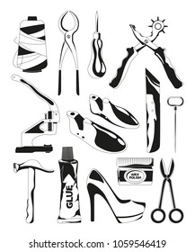 Monochrome pictures set of shoes repair tools. Vector shoemaker tools scissors and bradawl, thread and vise illustration