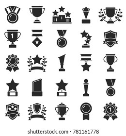 Monochrome pictures set of winner cups and sport trophies. Win and trophy award, sport prize, vector illustration
