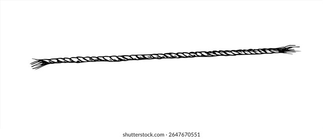 Peça monocromática de corda retilínea trançada com extremidades desgastadas com vetor de ilustração pintada com tintas pretas. Desenho de gravura de corda de cânhamo para decoração náutica, embalagem rústica e projeto de artesanato