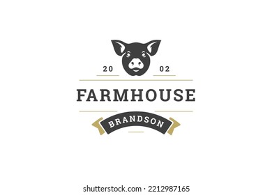 Monochrome Pig Head Farmhouse Vintage Logo Design Template Fresh Organic Meat Produce Vector Illustration. Minimalist Agriculture Livestock Business Emblem With Festive Ribbon And Place For Text