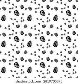Monochrome pinecone seamless pattern with various sizes of conifer cones for gift wrap and textile