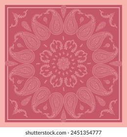 Monochrome pink scarf or bandana design with paisley mandala pattern and floral elements. Ethnic carpet design.