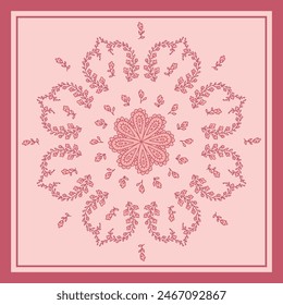 Monochrome pink scarf or bandana design with paisley mandala pattern and floral elements. Ethnic carpet design.