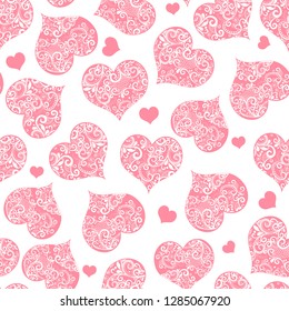 Monochrome pink seamless valentine pattern on transparent background with lace hearts, vector eps 8